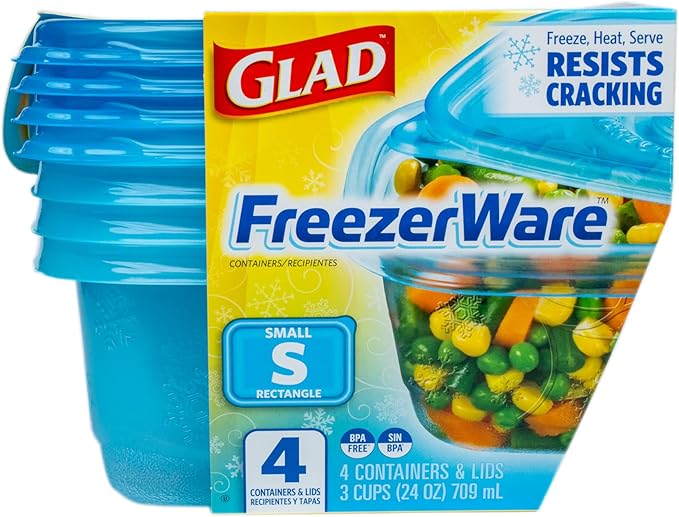 Glad GladWare FreezerWare Food Storage Containers with Lids, Small Rectangle BPA Free Plastic for Freezing Soups and Meal Prep, Crack Resistant, Microwave Dishwasher Safe, 24 Oz, 4 Count