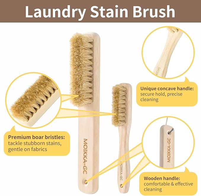 Wood Laundry Stain Brush Set (Large + Small) with Boar Bristles – Tough Stain Remover for Delicates, Cotton, Linens & Shoes, Laundry Scrub Brushes for Clean Fabric