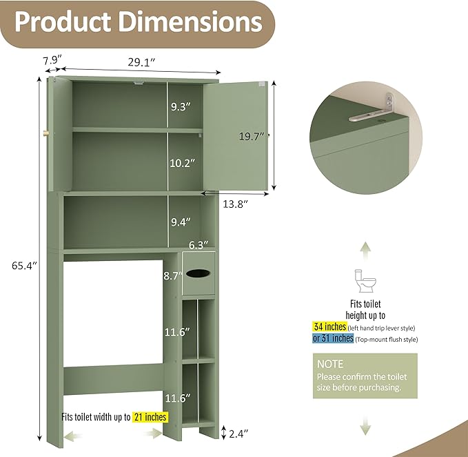 Meilocar 65.4" Over the Toilet Storage Cabinet, 29.1" Wide Bathroom Organizer with Toilet Paper Holder & Adjustable Shelf, Freestanding Space Saving Cabinet for Apartment, Laundry, Green