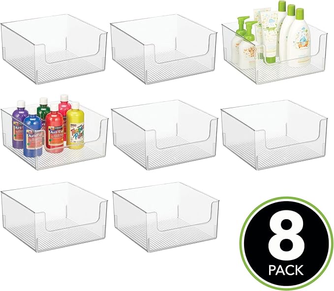 mDesign Plastic Modern Wide Open Front Dip Storage Organizer Bin Basket for Household Organization - Shelves, Cubby, Cabinet, and Closet Organizing Decor - Ligne Collection - 8 Pack - Clear