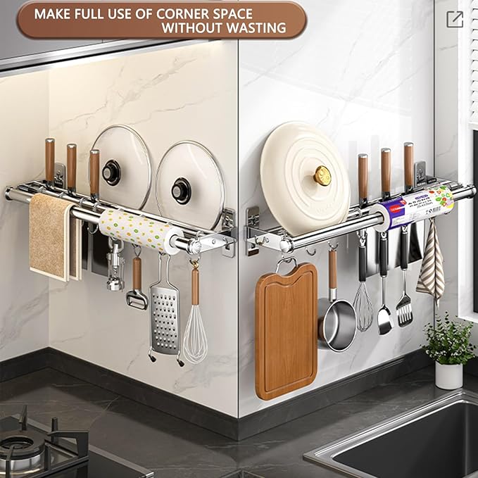 Hanging Wall Mount knife Wall Mount, Kitchen Organizer Storage Shelf for Utensils Spatula Spoon, Space-Saving Knife Rack with Hooks,Wall-Mounted Utensil Holder (Silver, 40CM+Three Poles+6Hooks)