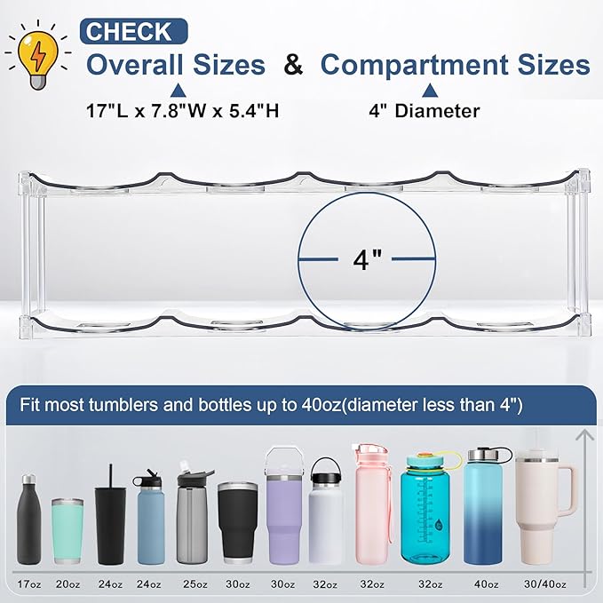 LARGER Compartment - 2 Tier Stackable Water Bottle Organizer Holder - for Stanley 40oz & Others' Large Tumbler - Clear Wine Rack, 8 Cup Bottle Holder for Cabinet Home Countertop Fridge Pantry Shelf