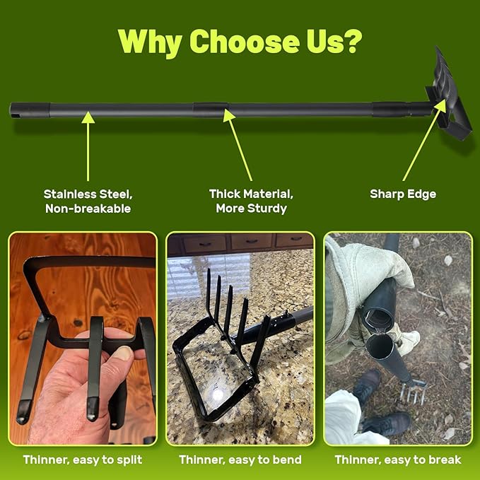 2 in 1 Weeding Tools Gardening Weed Puller with Long Handle,Stirrup Hula Garden Hoe with 4 Tines Rake,Garden Tiller Cultivator with 62.6" Adjustable Handle for Weeding,Seeding,Ditching,Loosening