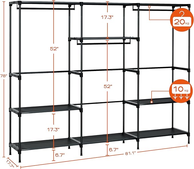 CASAMAYA Clothes Rack, Portable Closet, 81.1 Inch Large Capacity Wardrobe Closet, Clothes Storage Organizer with Shelves and 3 Hanging Rods, Easy to Assembly, Black PCT033B01