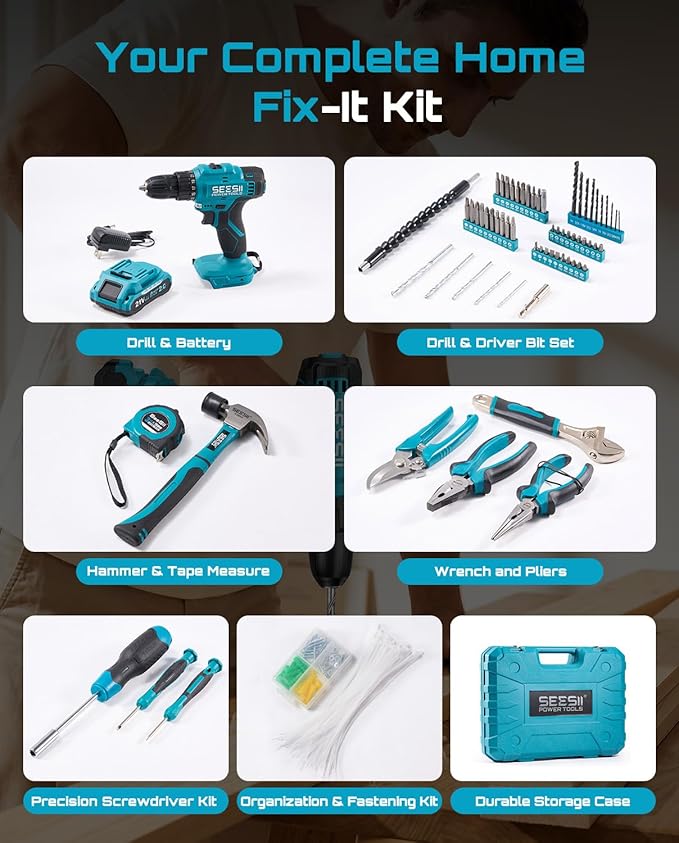 Seesii 21V Cordless Drill Tool Kit - 190Pcs Power Tool Combo Set, Hand Tool Kit with Toolbox, Electric Drill Driver for Men Home Hand Repair DIY
