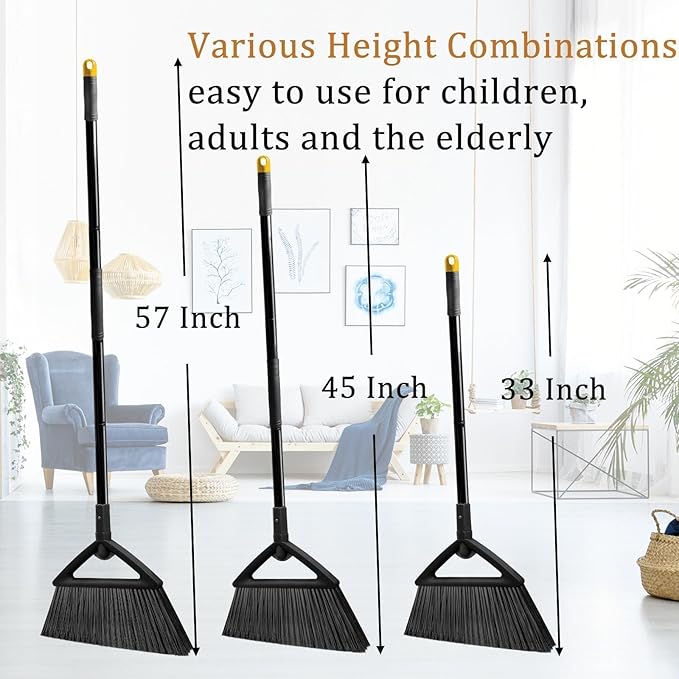 3PCS Heavy Duty Broom, Broom for Sweeeping Indoor and Outdoor, Angle Broom with Long Pole, Outdoor Broom for Courtyard/Garages/Slidewalk, Indoor Broom for Kitchen Lobby Cantee Black