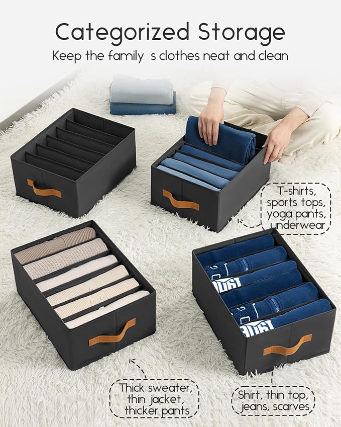 Homsorout Closet Organizers and Storage - Fabric Clothes Organizer with Handles, Foldable Jeans Organizer for Clothes, Drawer Organizer for Shirts, Bra, Sweater, Scarf, 4 Pack, Black