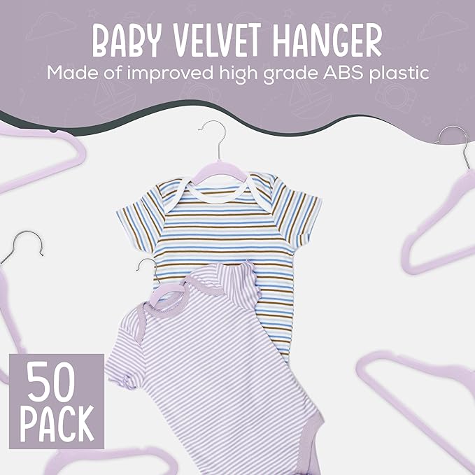 TechZoo 50 Premium Velvet Baby Hangers 11.8" Inch Non-Slip Infant, Ultra Slim Space-Saving Children Closet Hangers, 360° Swivel Hook, Strong & Durable Baby Toddler Kids Clothes Hanger, Purple