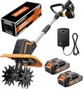 Upgraded Cordless Tiller for Gardening with Dual 2.0Ah Batteries, 48 Steel Tines Battery Rototiller, 9" Width 6.6" Depth Garden Tiller Cultivator for Soil, Tending & Composting (Orange)