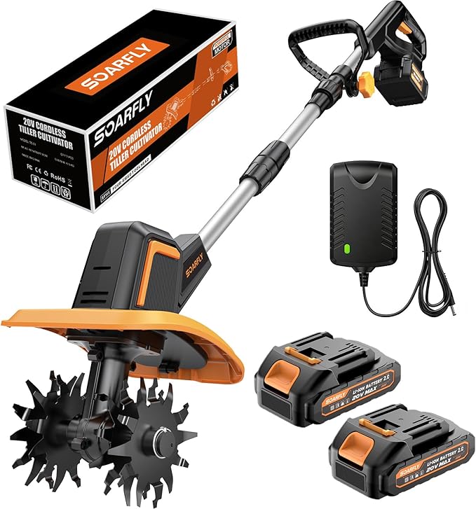 Upgraded Cordless Tiller for Gardening with Dual 2.0Ah Batteries, 48 Steel Tines Battery Rototiller, 9" Width 6.6" Depth Garden Tiller Cultivator for Soil, Tending & Composting (Orange)