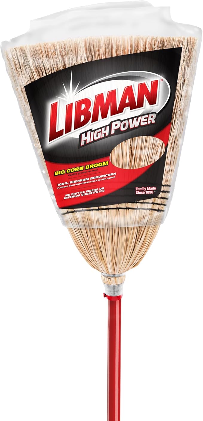Libman 502 Big Corn Broom with 100% Broomcorn Fiber, 12" Sweep Surface