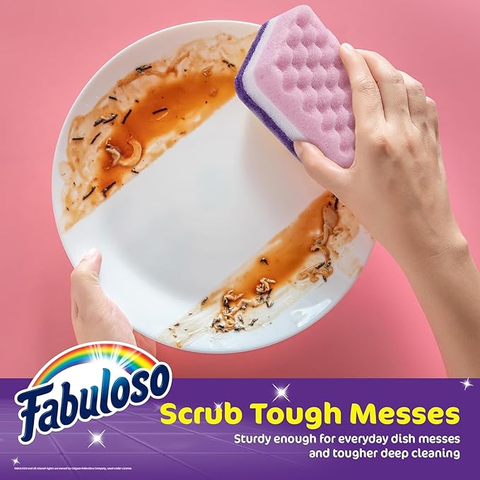 Fabuloso Scratch-Free Kitchen Dish Sponges, Purple Cellulose Scrubber Sponge with Scouring Pad for Dishes, Pots, Pans, Counters and Sinks, Tough on Messes, 4.25 x 2.75 x 1.25 in, 6 Count - 2 Pack