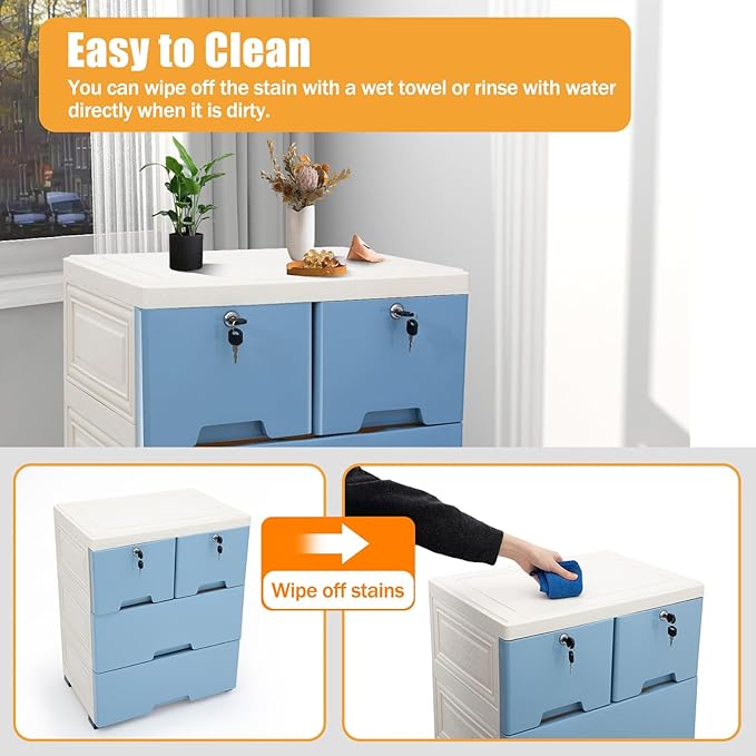 6 Drawer Storage Drawer, Clothes Organizer Tower Cabinet, Plastic Drawers Dresser Storage Cabinet with 4 Wheels for Home Office Bedroom, Blue