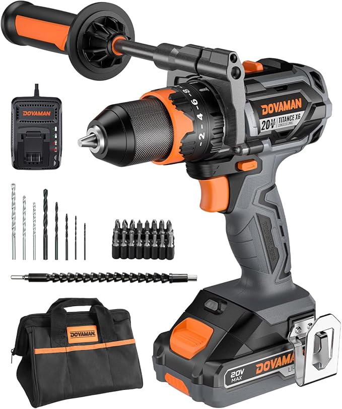 TITANCE X6 20V Brushless Drill Driver Kit, 1/2'' Cordless impact Drill, 575 IN-LBS, 36000 BPM, 3-IN-1 Mode, 2-Speed, Metal Chuck, 2.0Ah Battery, Driver Kit for DIY Project & Home Use