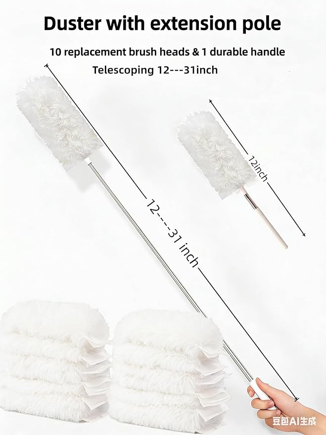 Heavy Duty Duster Refills, Disposable Dusters Kit for Cleaning Dusting Furniture Blind Ceiling Fan, Multi Surface 360 Feather Duster(10)+3FT Extended Handle（1） (White)
