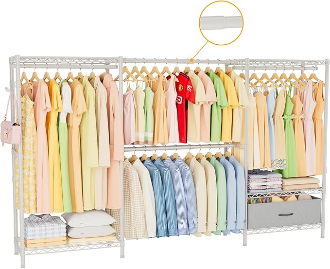 Golpart Coat Rack Clothes Wardrobe：Closet Organizer and Storage Clothing Garment Rack with Shelves Heavy Duty for Hanging Clothes Portable Adjustable White 15.8" DX69 WX76.5 H