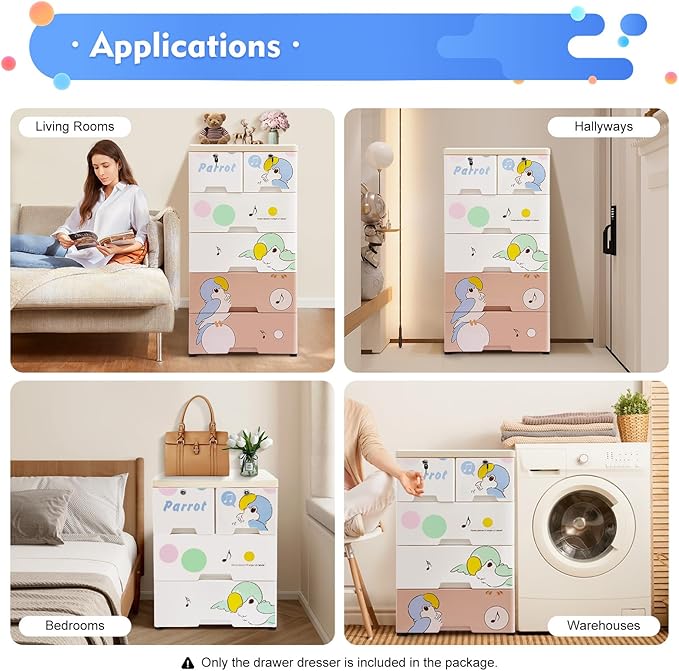 Rolling Parrot Plastic Dresser Storage Cabinet w/Lock, 6 Drawers Plastic Drawers Dresser Closet Drawers Tall Dresser Organizer for Clothes Playroom Bedroom Furniture, Multi-Color