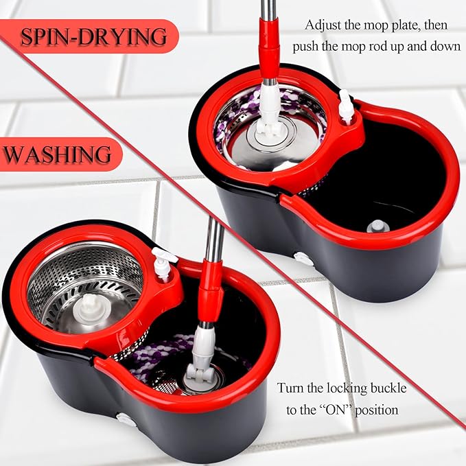 Spin Mop and Bucket with Wringer Set, 360° Spinning Mop Bucket System with 3 Microfiber Mop Replacement Heads and 61" Stainless Steel Adjustable Handle for Floor Cleaning