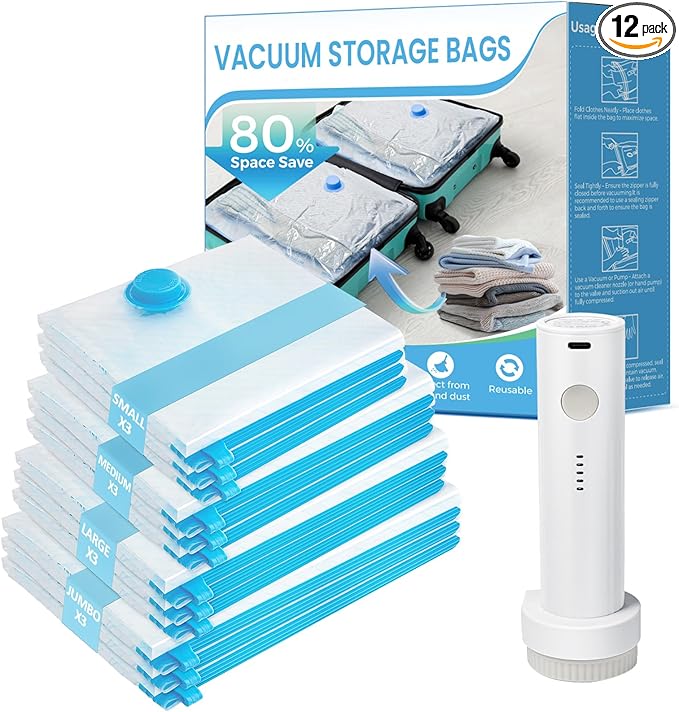 Vacuum Seal Bags for Clothing Travel, 12 Pack Vacuum Storage Bags for Clothes with Portable Electric Pump, Space Saver Bags for Luggage Traveling and Clothing