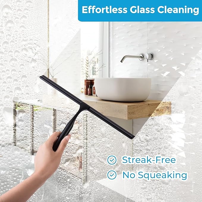 Quntis 12 Inch Squeegee for Shower Glass, Black Shower Squeegee with Adhesive Hooks Heavy Duty, Non-Slip Long Handle, Spare Blade, All-Purpose Squeegee Cleaning for Bathroom Doors Car Window