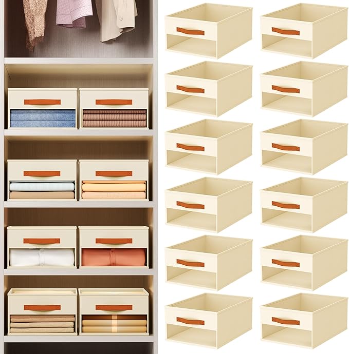Homsorout Drawer Organizers and Storage - 12 Pack Foldable Pants Organizer with Clear Window & Handles, Fabric Closet Organizer for Clothes, Jeans, Sweaters, Towels, T-shirt, Scarf (Beige)