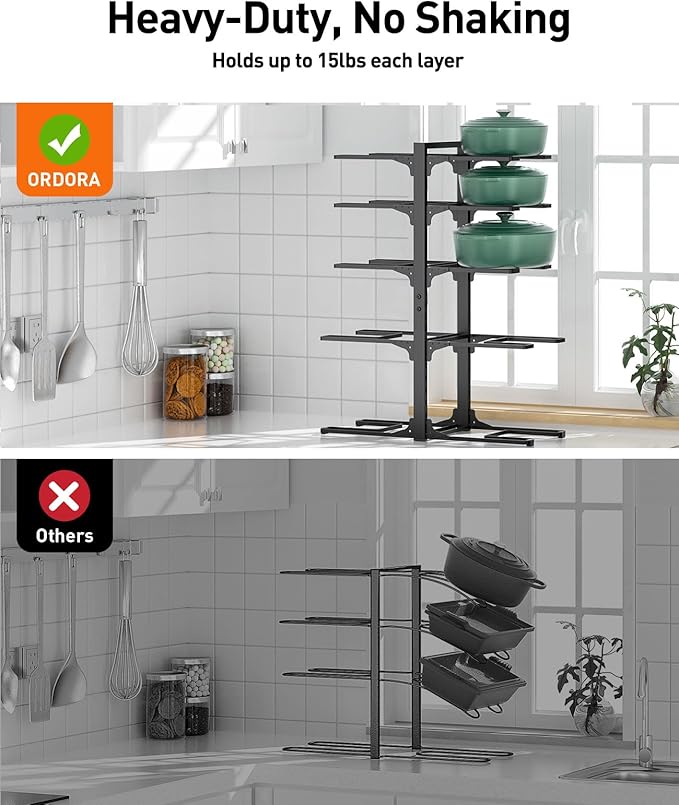 ORDORA 10-Tier Pots and Pans Organizer under Cabinet, Kitchen Cabinet Organizers and Storage, Heavy Duty Pots and Pan Storage Rack Organizer inside Cabinet, Adjustable