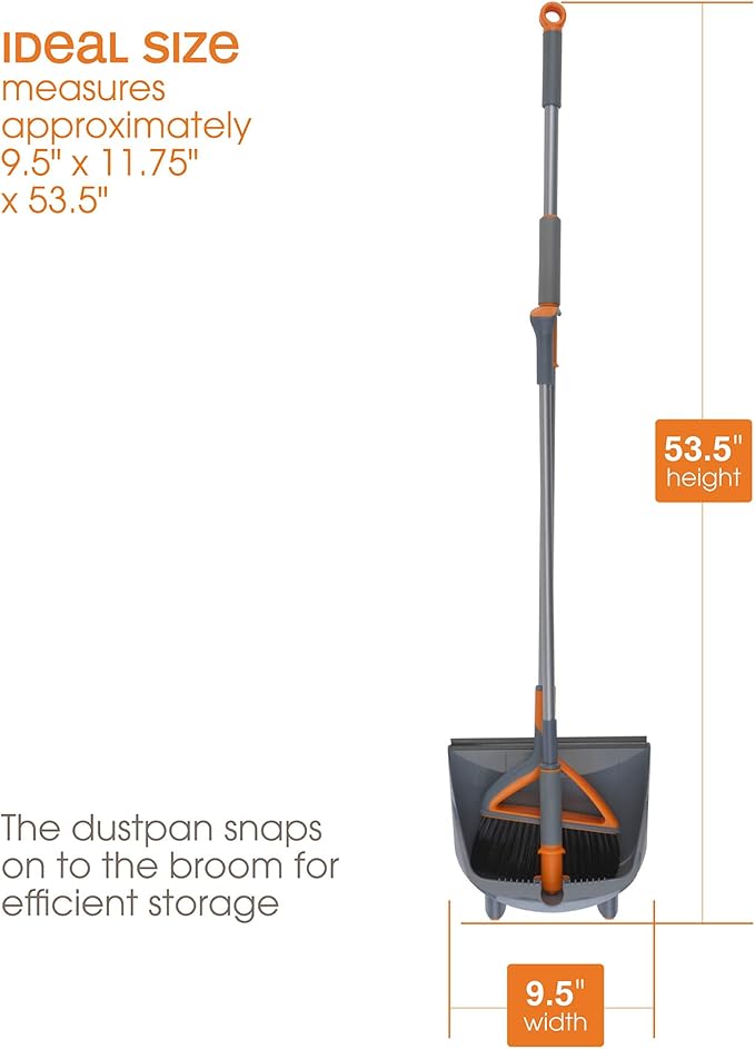 Casabella Quick 'n Easy Upright Broom and Dustpan Set, Gray/Orange, Multi-Surface for Tile, Wood & Laminate Floors