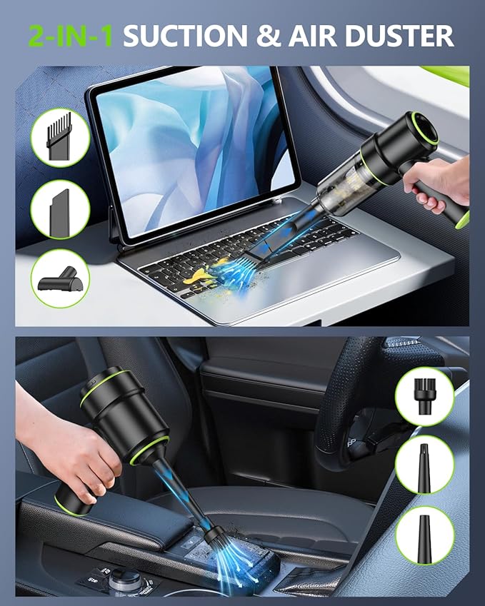 CODN Handheld Car Vacuum Portable Cordless, 2 in 1 Handheld Vacuum Cleaner 12000PA Air Duster with Multi-Nozzles and LED Light, Mini Hand Held Vacuum Rechargeable for Home, Car, Office, Pet Hair