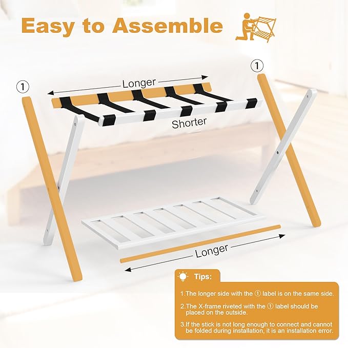 26.77"L Luggage Rack, White Luggage Rack for Guest Room, Bamboo Folding Suitcase Stand with Storage Shelf, 5 Nylon Straps, Heavy Duty Luggage Holder for Bedroom Hotel, 1 Pack, Gift Box Packaging