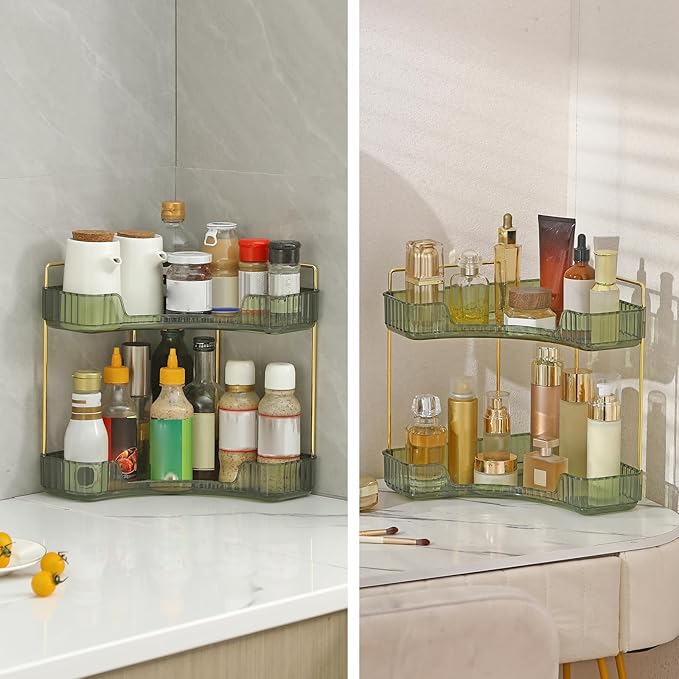 INVSSENE Corner Bathroom Countertop Organizer, Vanity Trays for Counter, Makeup Organizers, Perfume Tray, Kitchen Spice Rack, (Green, 2 Tiers)