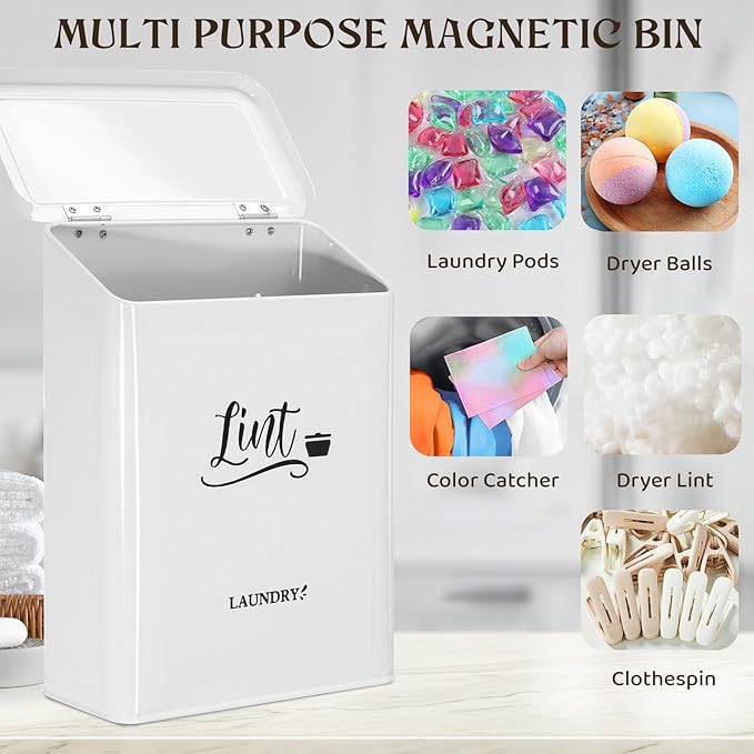 CINPIUK Magnetic Lint Bin for Laundry Room with Brush & Hook - Large Laundry Organizer and Storage, Wall Mounted Trash Can with Lid, Space-Saving Dryer Lint Holder Laundry Room Decor, White