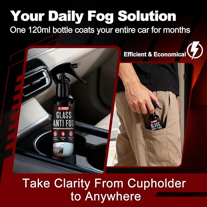 Anti Fog Spray for Glass & Windshield Defogger – 24H Long Lasting Prevention for Car, Mirrors, Windows, Goggles, Shower Door – Streak-Free & Instant Clear with Microfiber Towel, 120ml/4oz