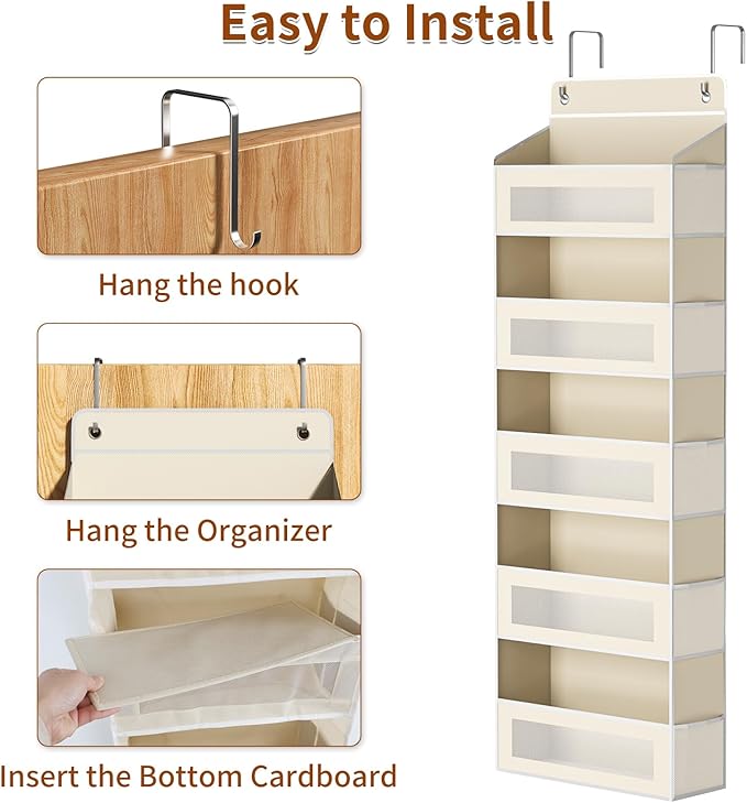 Over The Door Organizer with 5 Large Pockets, Over the Door Storage 10 Side Pocket 44 lb Load Behind Door Storage, Closet Door Organizer Hanging Shelf for Wall Bathroom Bedroom Nursery, 5-Tier Beige