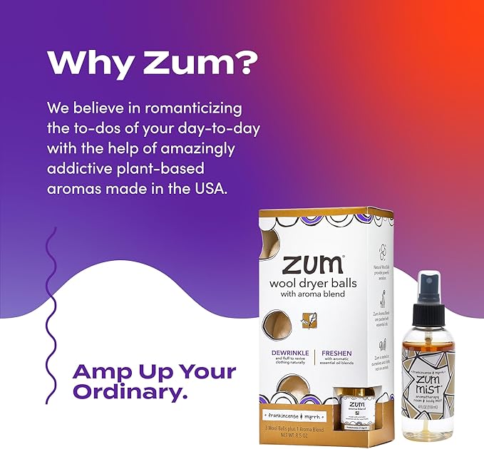 Zum Wool Dryer Balls Kit Plus Zum Mist - 3 Wool Balls with Essential Oil Blend & Room & Body Mist - Frankincense & Myrrh