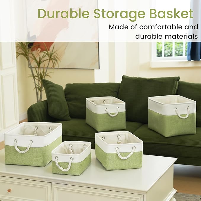 Storage Baskets for Shelves 11.8x7.9x5.2 Inch-Foldable Fabric Organizing Storage Bins with Handles, Closet & Bathroom Organizer, Home Storage for Kitchen, Office (6-Pack, White&Green)