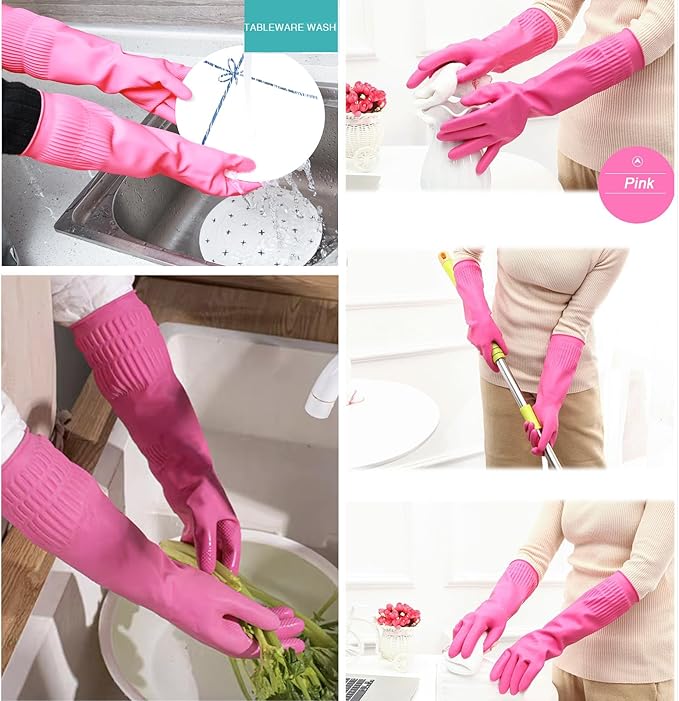 Bamllum 3 Pairs of Rubber Dishwashing Gloves for Kitchen and Household Cleaning – Long Cuff 15", Reusable, Flexible Long-lasting and Non-Slip (Red+Yellow+Green, X-Large)