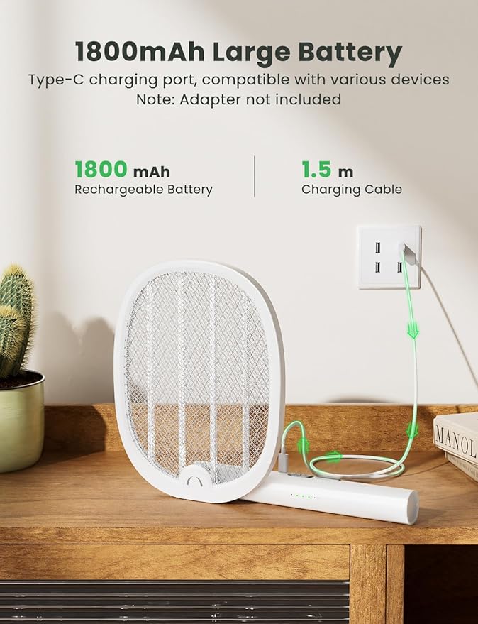 YISSVIC Electric Fly Swatter Foldable Bug Zapper Racket 2 in 1 Mosquito Killer with Purple Attractant Light Rechargeable 1800mAh for Indoor Home Backyard Patio Camping