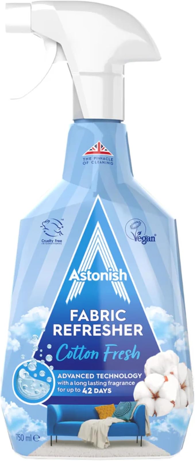 Astonish Fabric Refresher Cotton Fresh, 750ml Trigger Spray Bottle – Long-Lasting Odor Neutralizer for Curtains, Carpets & Upholstery – Encapsulated Fragrance Technology for Up to 100 Days Freshness