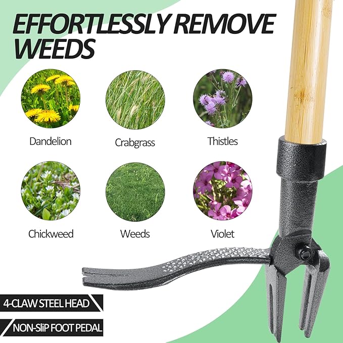 Weed Puller Tool, Stand Up Heavy Duty Weed Remover Tool with Long Handle & 4-Claw Steel Head, Bamboo Garden Hand Weeding Tool - Easily Remove Weeds Without Bending, Pulling,or Kneeling