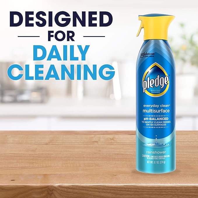 Pledge pH-Balanced Multisurface Spray, Gently Clean 101 Surfaces, Remove Dust and Messes, No Residue - Rainshower Scent, 9.7oz, Pack of 3