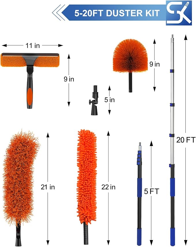 26 Foot High Reach Duster Kit with 5-20 ft Telescoping Extension Pole, High Ceiling Duster, Cobweb Duster, Window Squeegee, Feather Duster, Outdoor & Indoor Extendable Duster Cleaning Kit