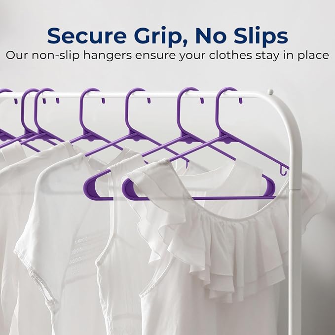 SereneLife 150-Piece Plastic Hangers Set Purple – Non-Slip, Heavy Duty Coat Hangers for Clothes, Space-Saving Durable Closet Organization with 5.5 lbs Weight Capacity Each