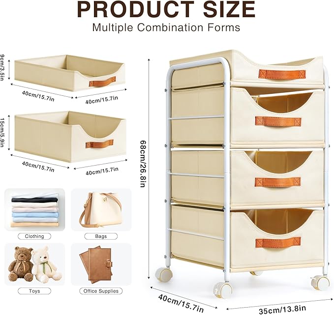 DIMJ Closet Organizers and Storage 4 Tier - Fabric Clothes Drawer Storage Bins, Stackable Rolling Storage Cart with Wheel, Small Dresser for Closet Bedroom Nursery Office
