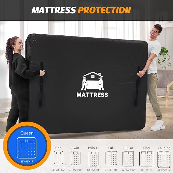Mattress Bags for Moving, BETU Mattress Protector Waterproof Mattress Cover Full Size Storage Bags with 8 Heavy-Duty Handles and Zipper for Bed Extra Thick Large Reusable (77"x57"x15" Black)