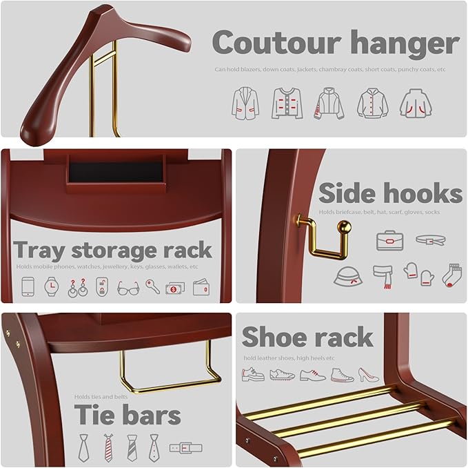 Suit Valet Stand for Men, Wood Mens Valet Stand with Base, Contour Hanger, Tray, Trouser Bar and Tie Bar, Clothes Valet Stand for Bedroom Entryway Home Living Room Office (Reddish brown)