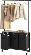 YATINEY Laundry Sorter 3 Section, Rolling Laundry Hamper with Hanging Rack, Laundry Sorter with Wheels, Hampers for Laundry, Laundry Basket Organizer for Laundry Room, Rustic Brown LS37BR