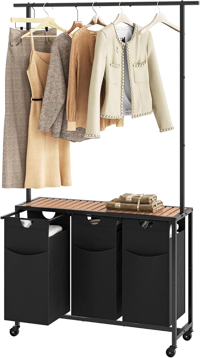 YATINEY Laundry Sorter 3 Section, Rolling Laundry Hamper with Hanging Rack, Laundry Sorter with Wheels, Hampers for Laundry, Laundry Basket Organizer for Laundry Room, Rustic Brown LS37BR