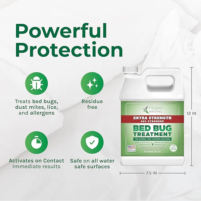 Hygea Natural Extra Strength Bed Bug & Mite Spray- Child & Pet friendly - Stain & Odor Free - 66% Stronger Natural Formula (128 oz)