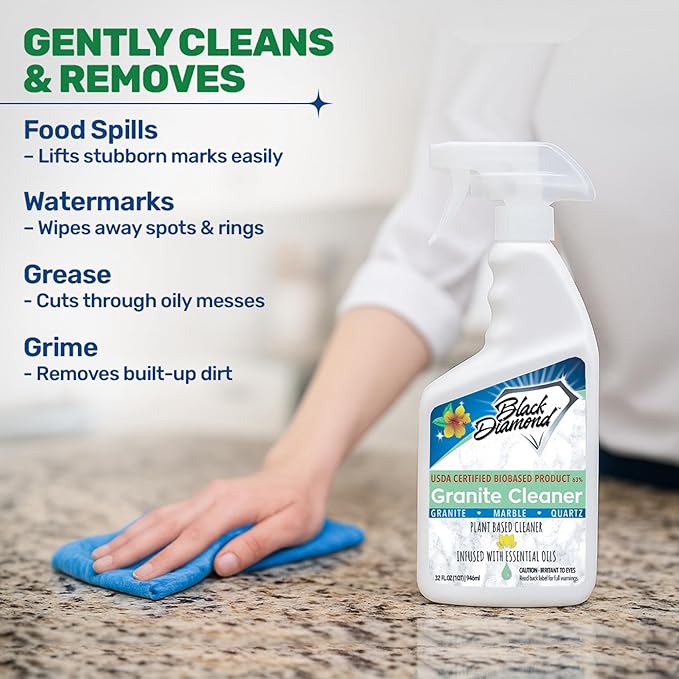 Black Diamond Stoneworks Granite Counter Cleaner: USDA Certified BIOBASED- Safe for Granite and other stone countertops. Safe for food contact formula to keep your countertops looking fresh and clean!