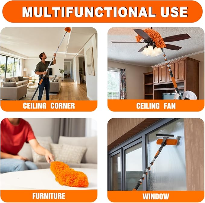 30FT Reach High Ceiling Duster Kit, Window Cleaning kit with 5-24FT Extension Pole, Fan Duster for Ceiling Fan Blades, Microfiber Feather Duster, Rotatable Window Squeegee and Cobweb Duster